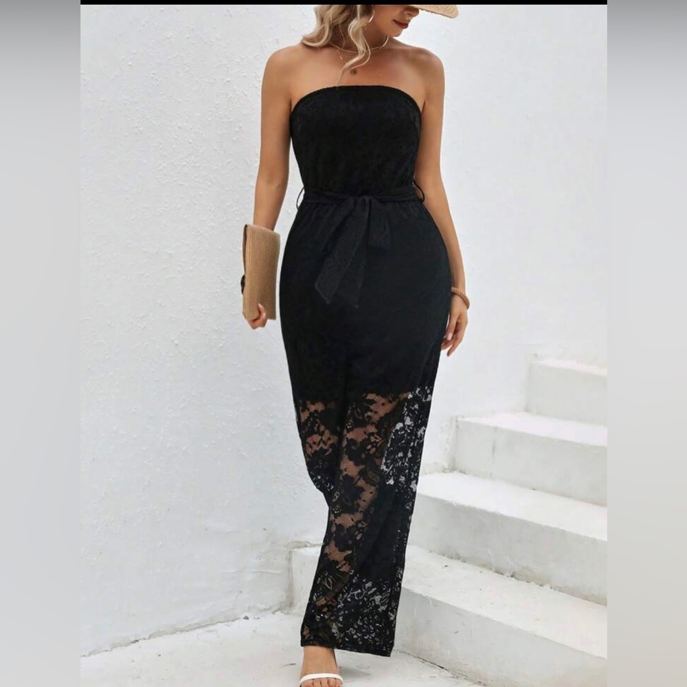 VCAY Lace Overlay Belted Tube Jumpsuit